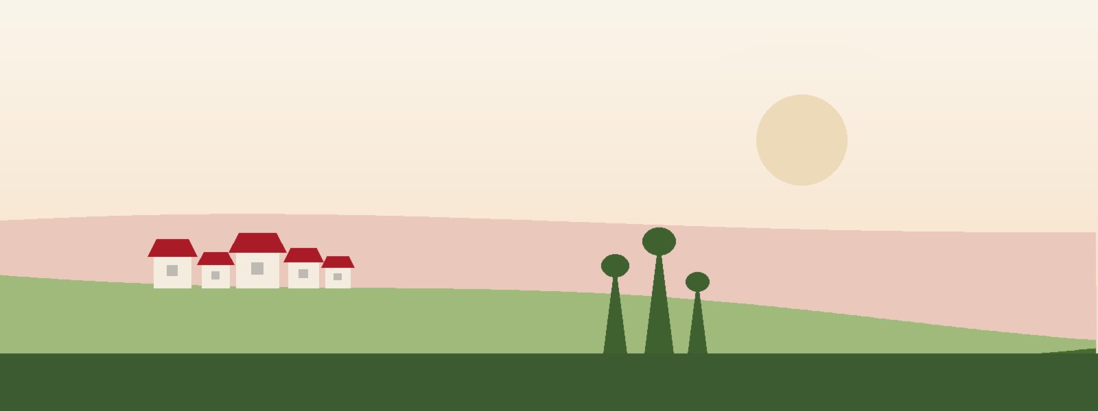 A south-west France village at dusk, rooftops and cypress trees under a warm sky